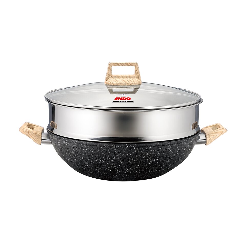 GANSEKI 32CM INDUCTION HEATING DIE CAST CHEF WOK WITH STEAMER (E